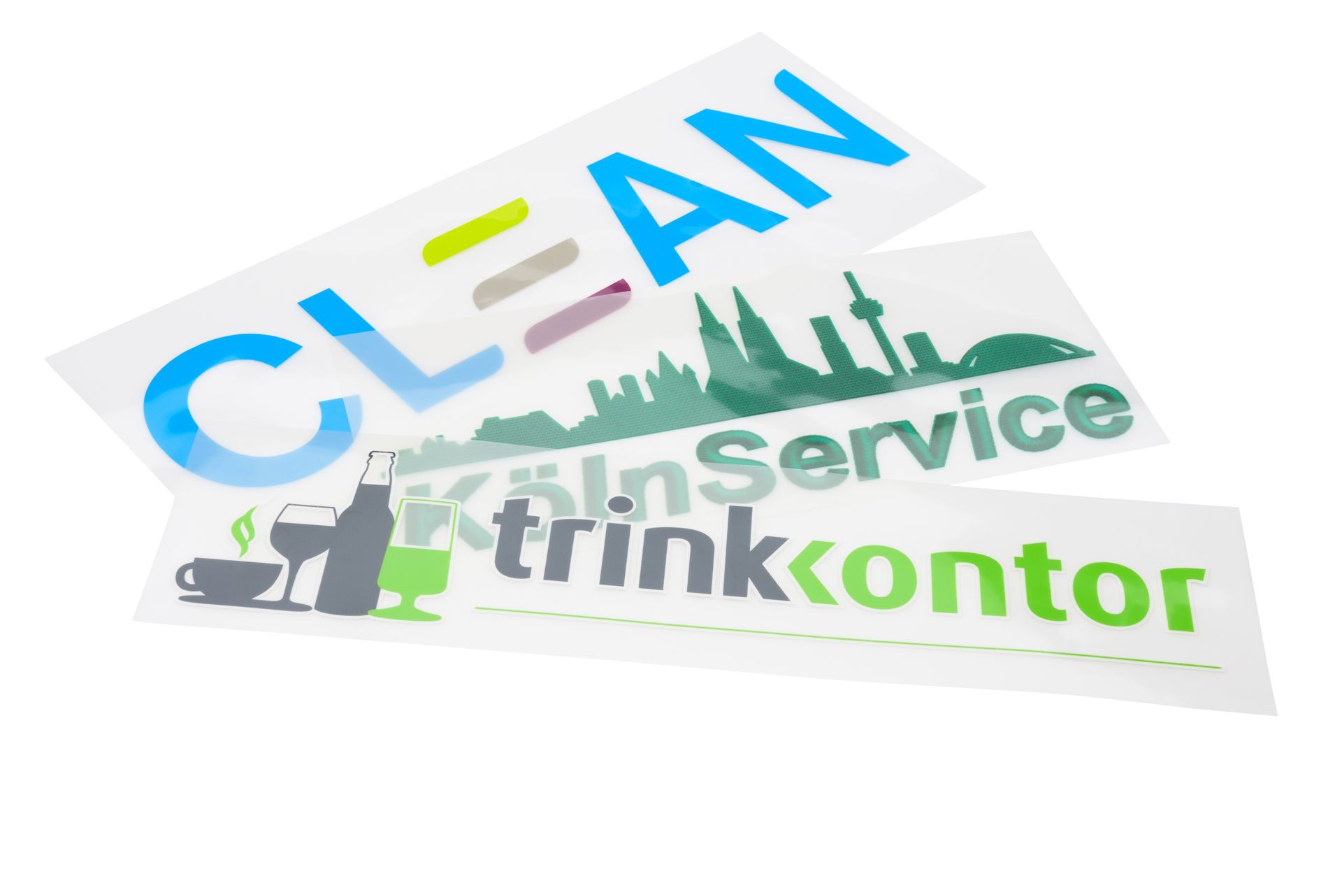 Transferdruck-Logos CLEAN, KölnService, trinkkontor, Aquatop